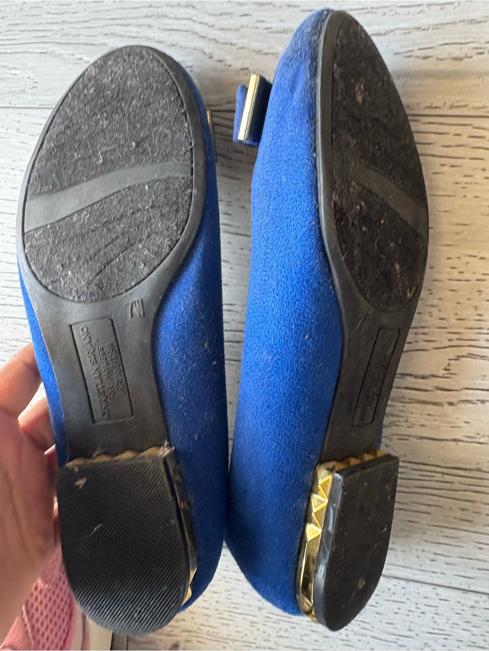 Royal Blue Suede-Look Pointed Toe Flats with Gold Detail